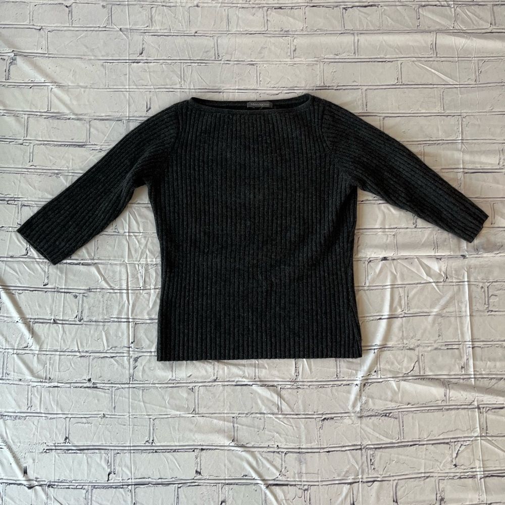 Mendocino Cashmere Crew Neck Ribbed Sweater Dark Grey Women’s M Boxy 3/4 Sleeve